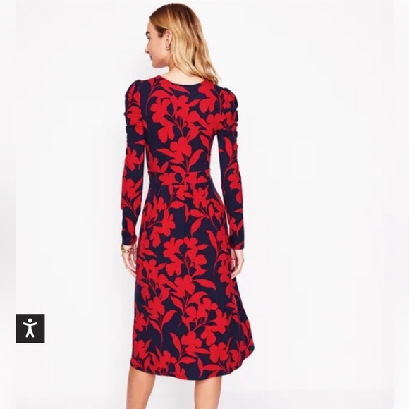 Boden Red and Navy Floral Abstract Print Midi Soft Jersey Dress. Size 6R - Picture 3 of 11